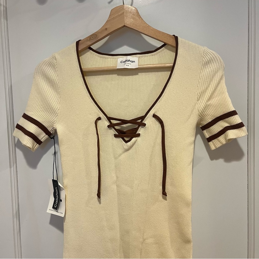 NWT Callahan Knit Lace Up Mini Dress Cream Brown XS - Picture 3 of 8